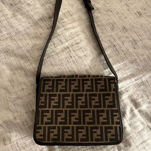Vintage 1970s Fendi Zucca Print Canvas and Leather Shoulder Bag